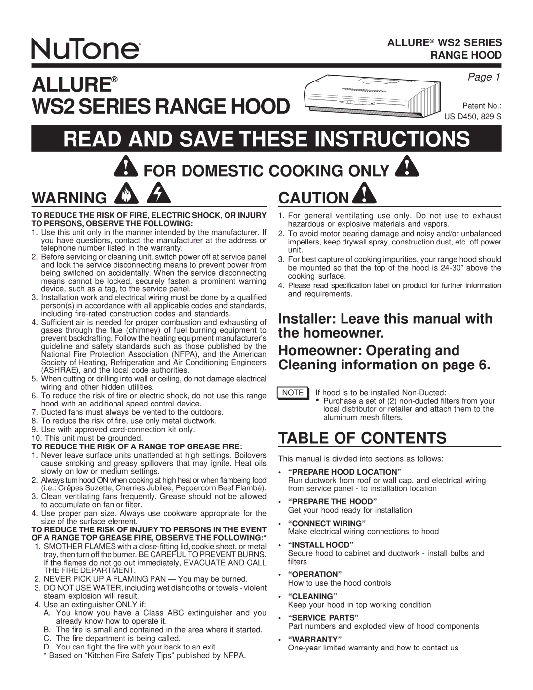 NuTone WS2 warranty For Domestic Cooking only, Table of Contents 