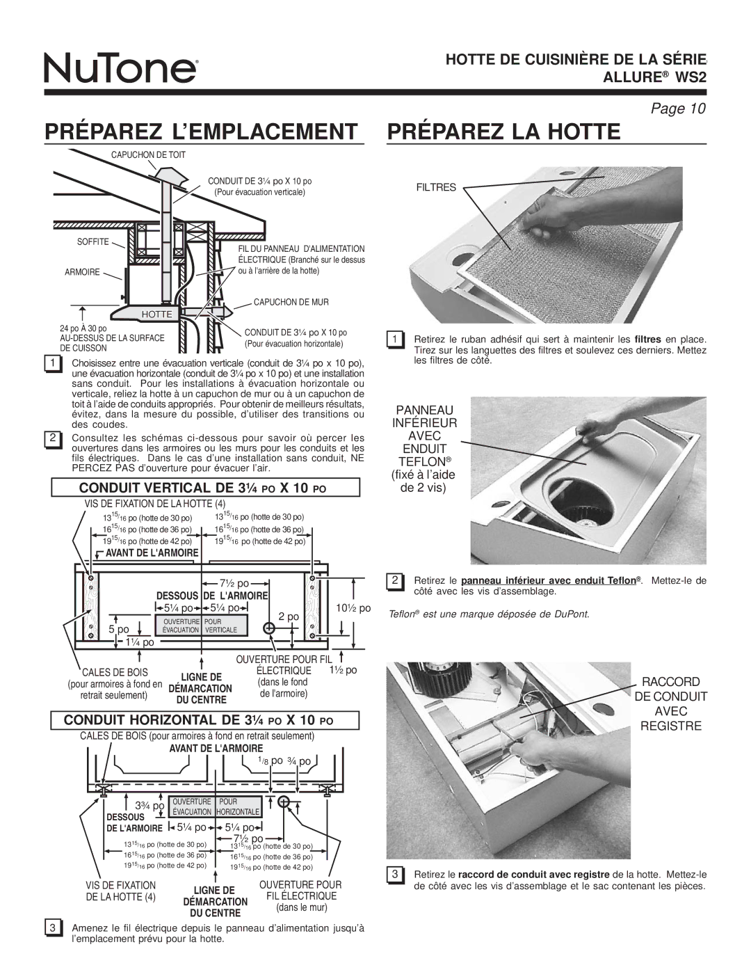 NuTone WS2 Préparez L’EMPLACEMENT, Préparez LA Hotte, Panneau Inférieur Avec Enduit, Raccord DE Conduit Avec Registre 