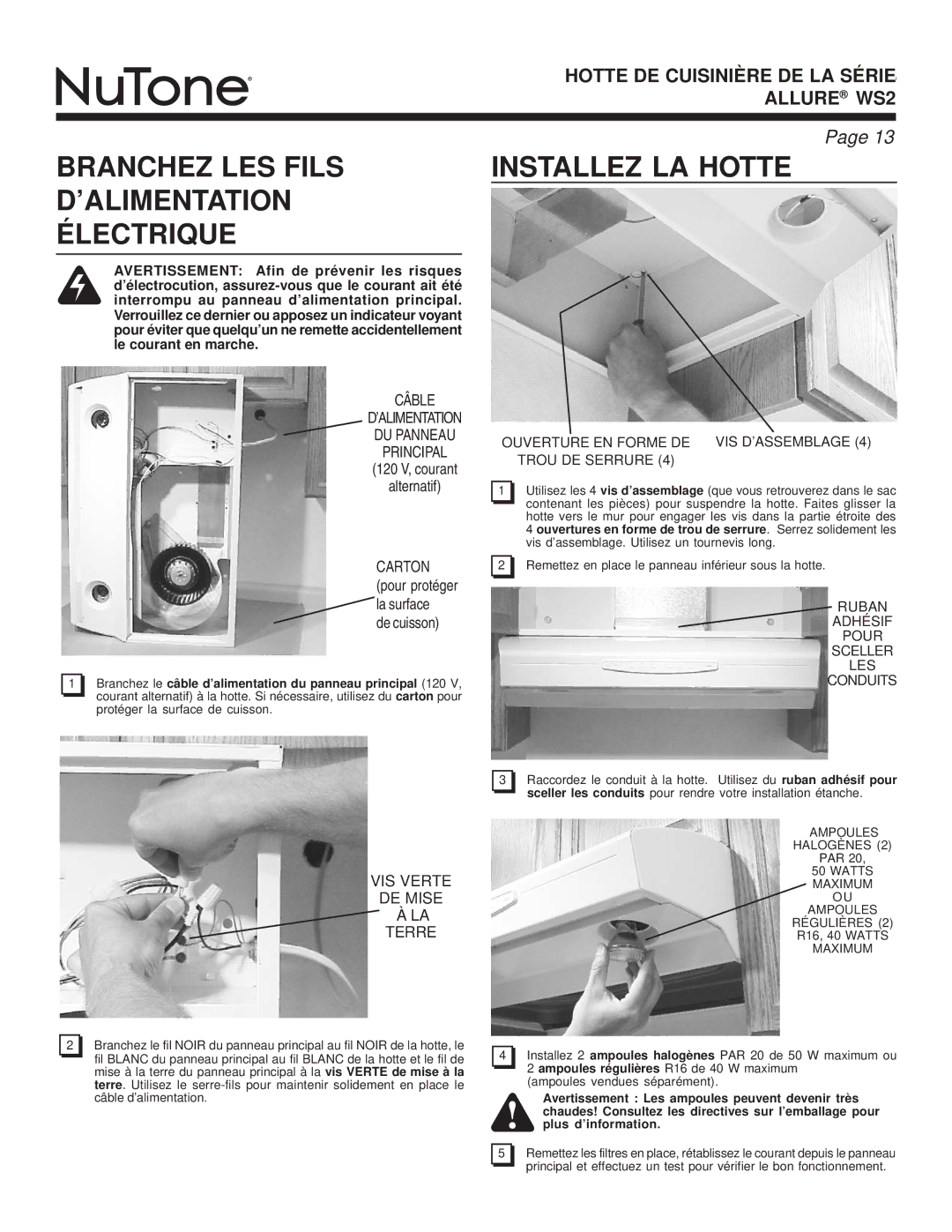 NuTone WS2 Câble ’ALIMENTATION DU Panneau Principal, VIS Verte DE Mise Terre, Ruban Adhésif Pour Sceller LES Conduits 