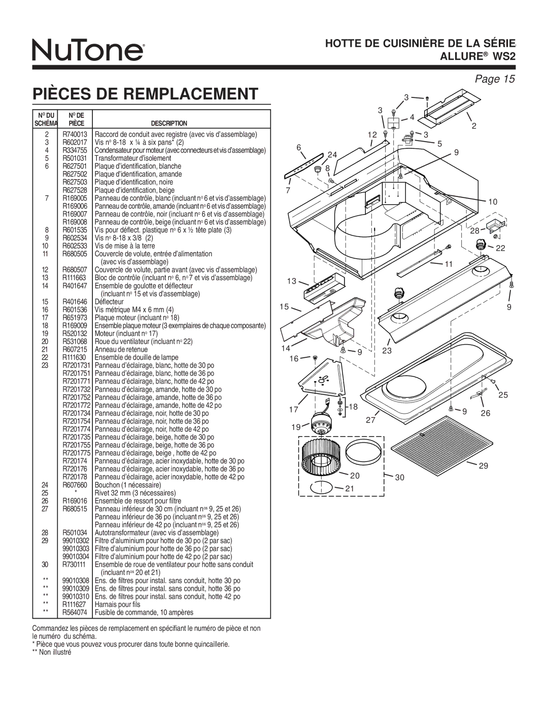 NuTone WS2 warranty Pièces DE Remplacement, 28 R501034 Autotransformateur avec vis d’assemblage 