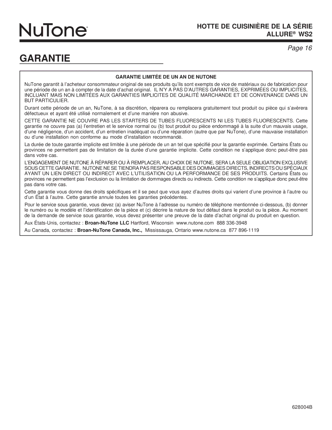 NuTone WS2 warranty Garantie Limitée DE UN AN DE Nutone 