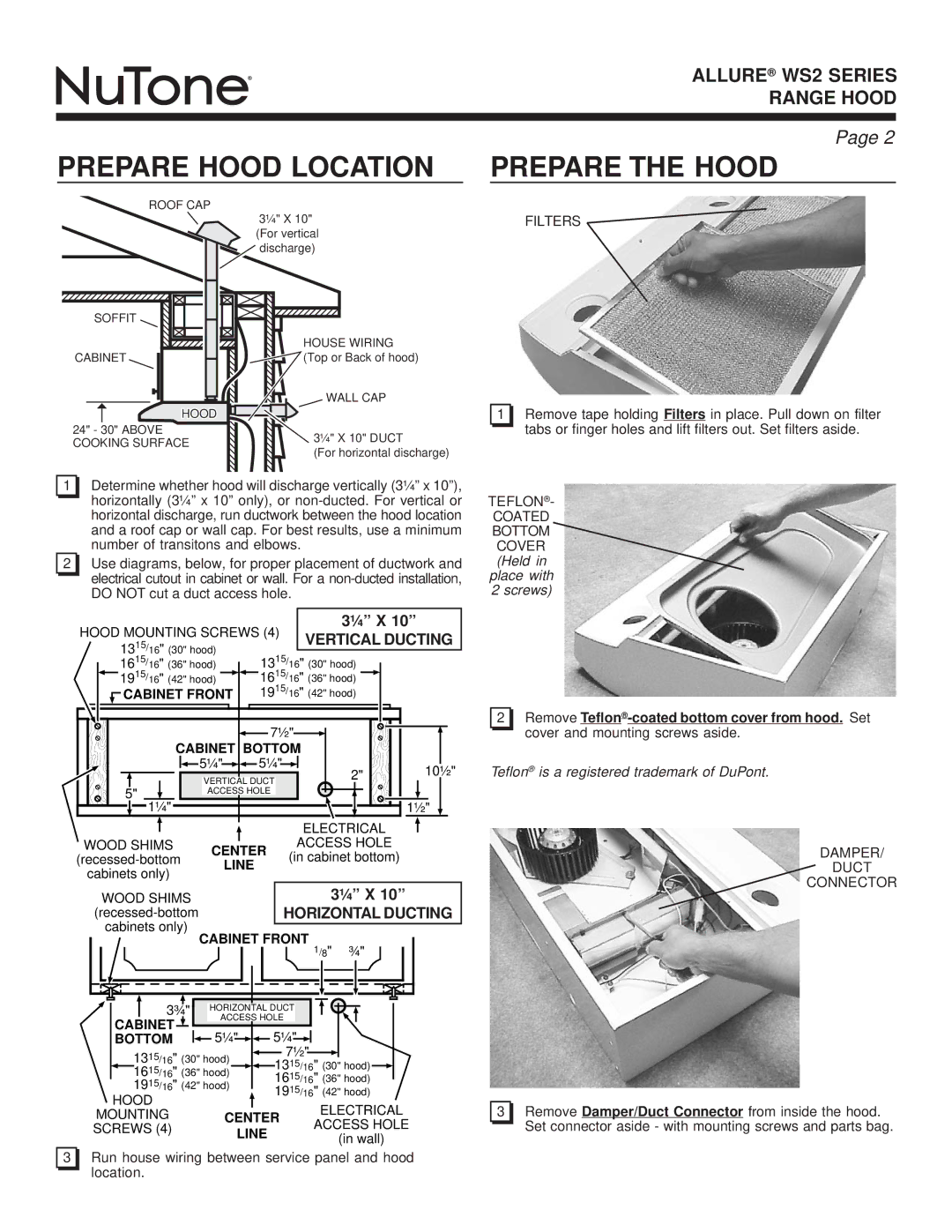 NuTone WS2 warranty Prepare Hood Location, Prepare the Hood, Filters, Teflon Coated Bottom Cover, Damper Duct Connector 