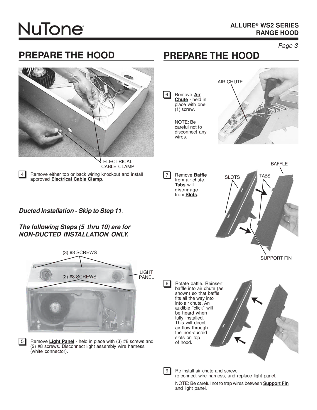 NuTone WS2 warranty Electrical Cable Clamp, AIR Chute Baffle Slots Tabs, Light, Panel, Support FIN 
