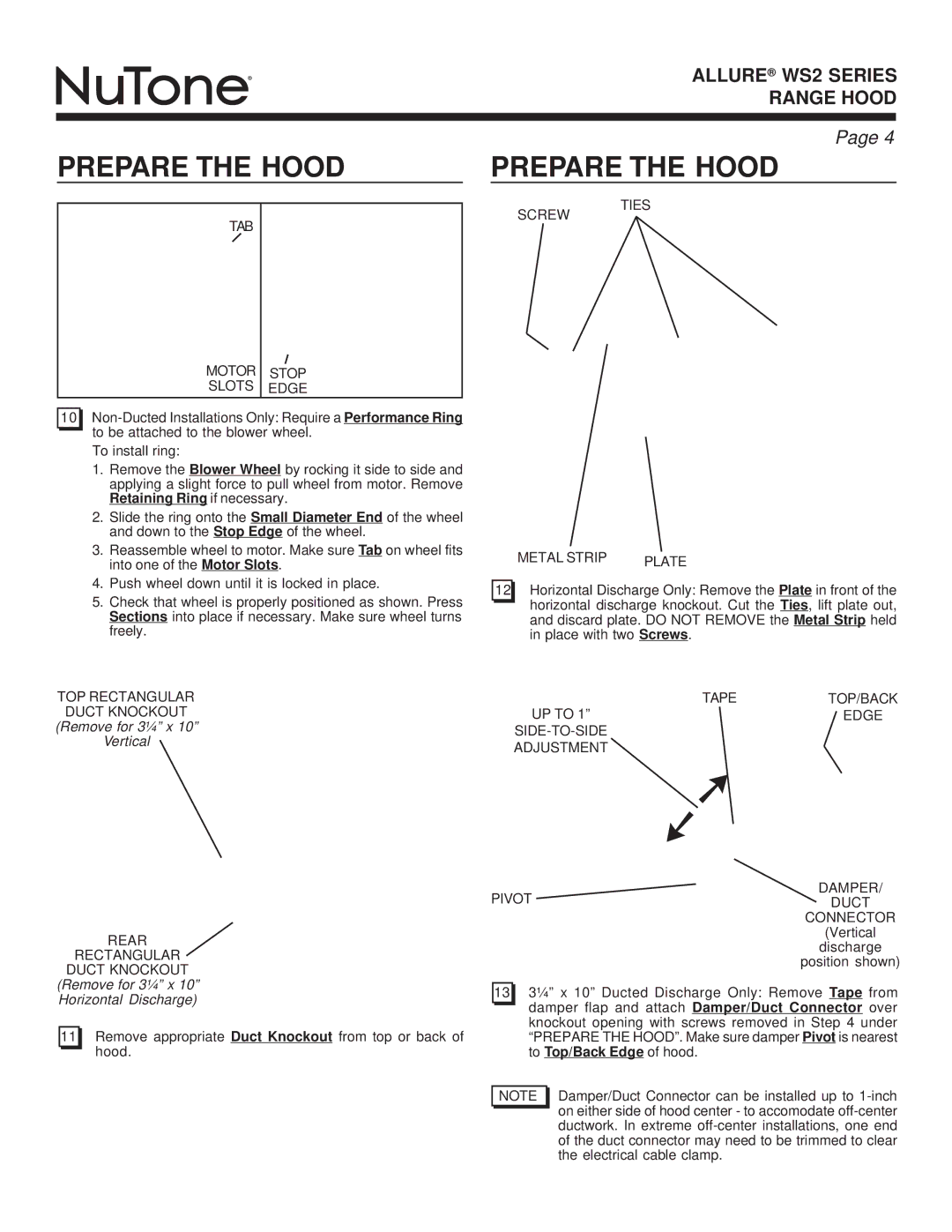 NuTone WS2 warranty Motor Slots, Stop Edge Screw Ties, Metal Strip Plate, TOP Rectangular Duct Knockout, Tape TOP/BACK 
