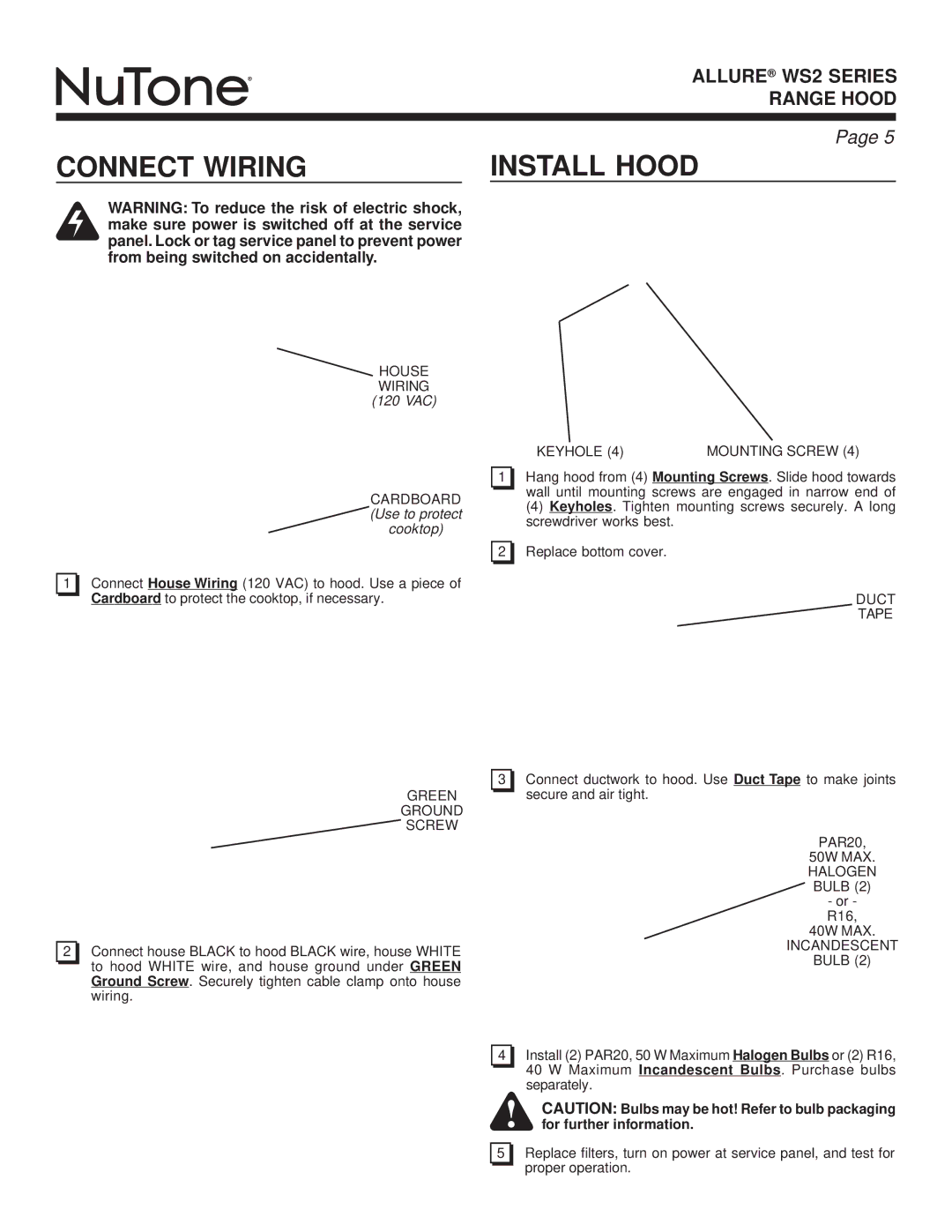 NuTone WS2 warranty Connect Wiring Install Hood 