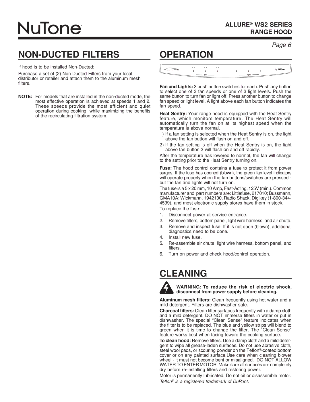 NuTone WS2 warranty NON-DUCTED Filters, Operation, Cleaning 