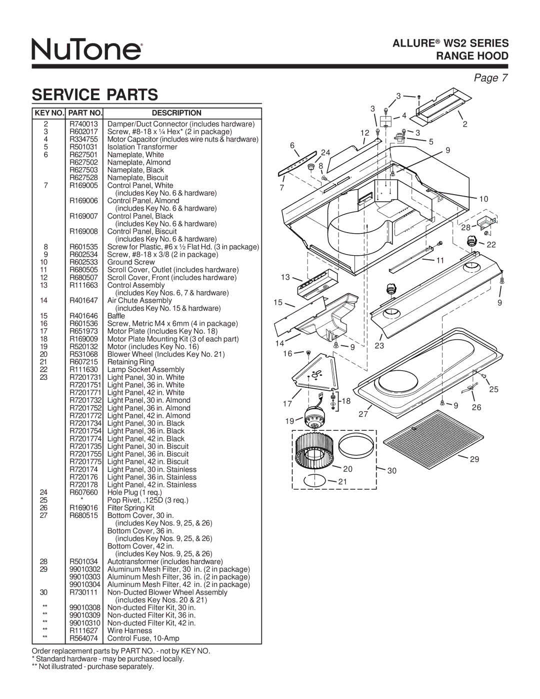 NuTone WS2 warranty Service Parts, KEY NO. Part no Description 