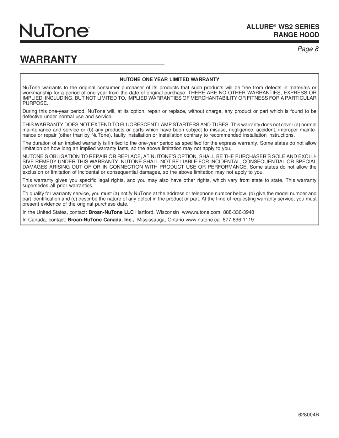 NuTone WS2 warranty Nutone ONE Year Limited Warranty 