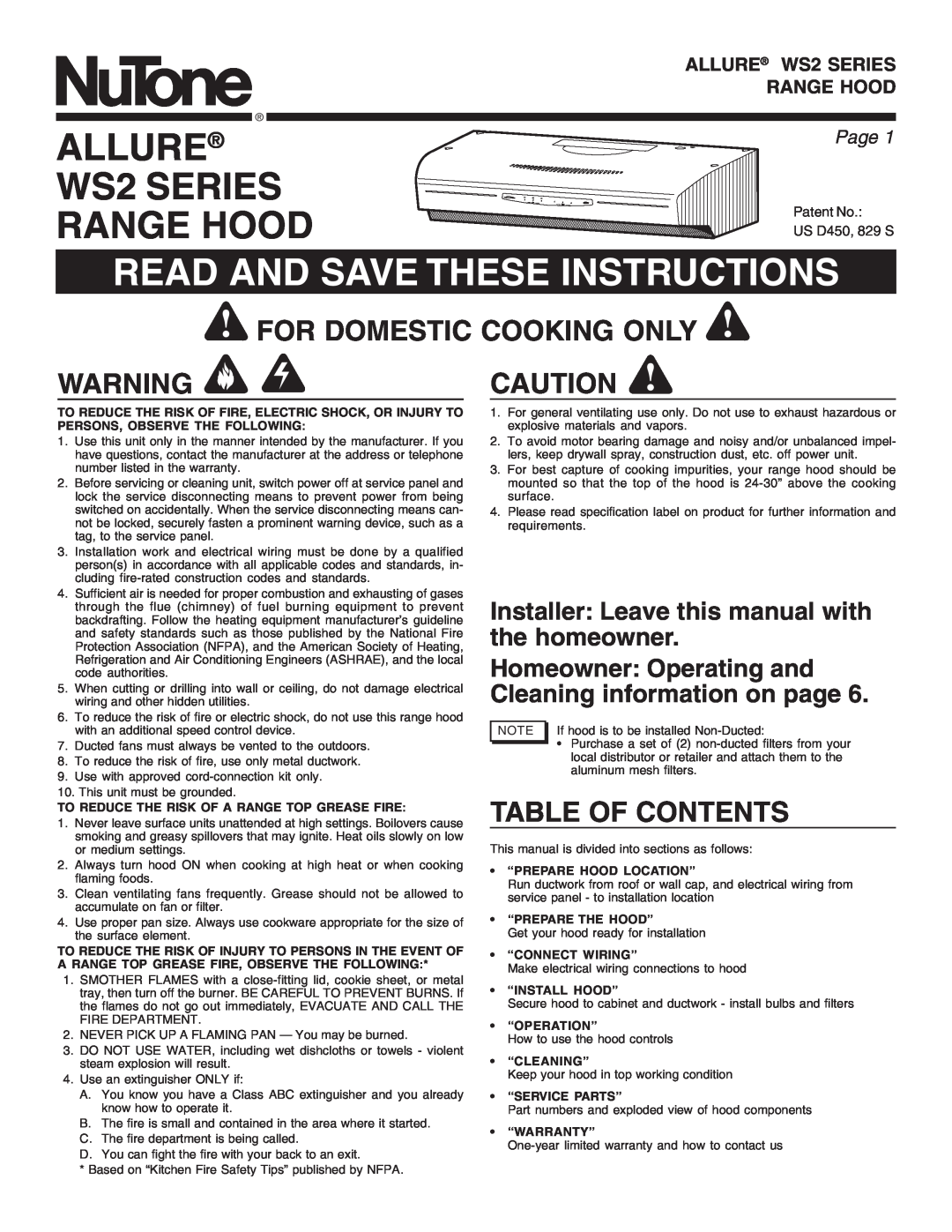 NuTone WS2 warranty Read And Save These Instructions, For Domestic Cooking Only, Table Of Contents, Page, Allure 