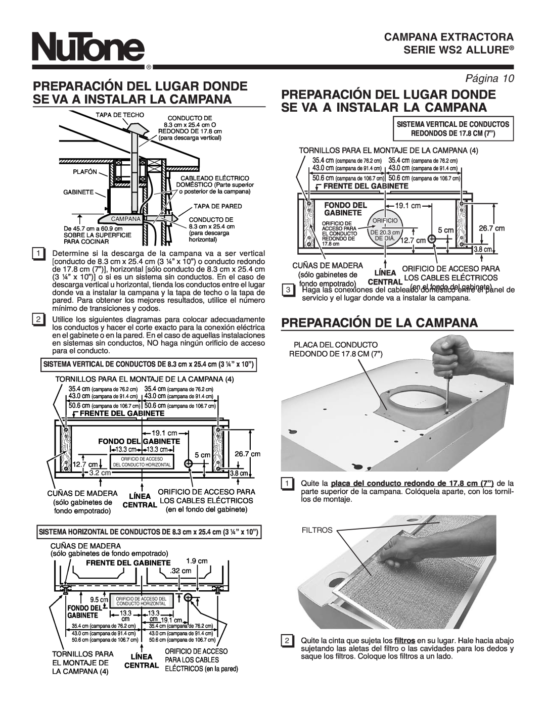 NuTone WS2 manual Preparación De La Campana, PáginaPage 