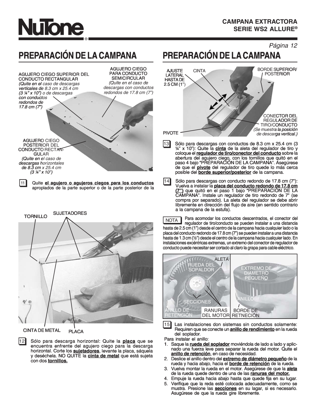 NuTone manual Preparación De La Campana, SERIE WS2RANGEALLUREHOOD, PáginaPage, Rueda Del Sopaldor Secciones, Anillo De 