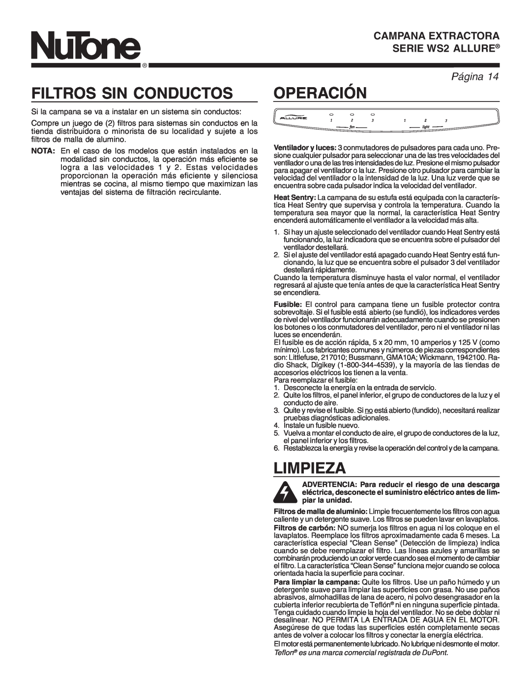 NuTone manual Filtros Sin Conductos, Operación, Limpieza, CAMPANALLUREEXTRACTORAWS2 SERIES, SERIE WS2RANGEALLUREHOOD 