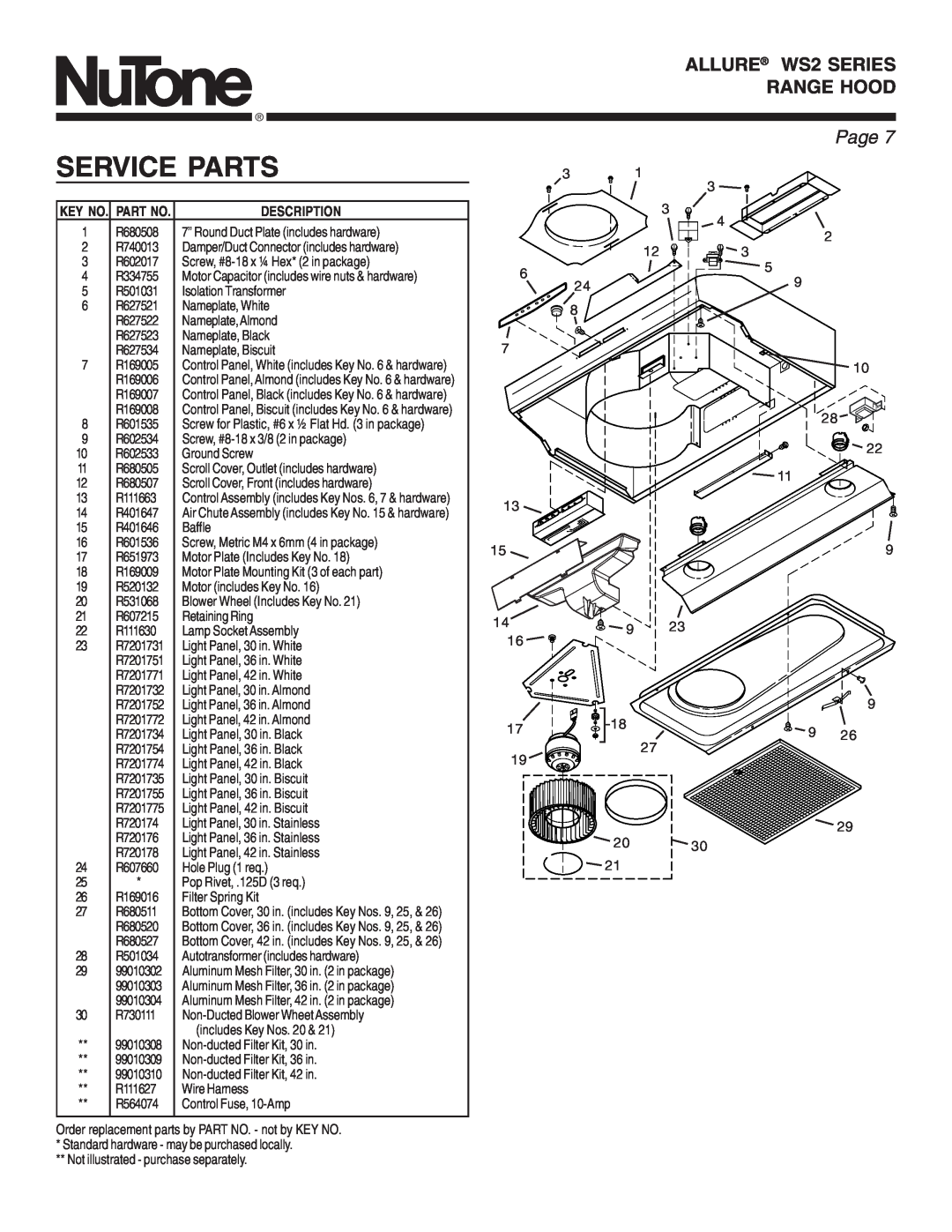 NuTone manual Service Parts, ALLURE WS2 SERIES RANGE HOOD, Page, Key No. Part No 