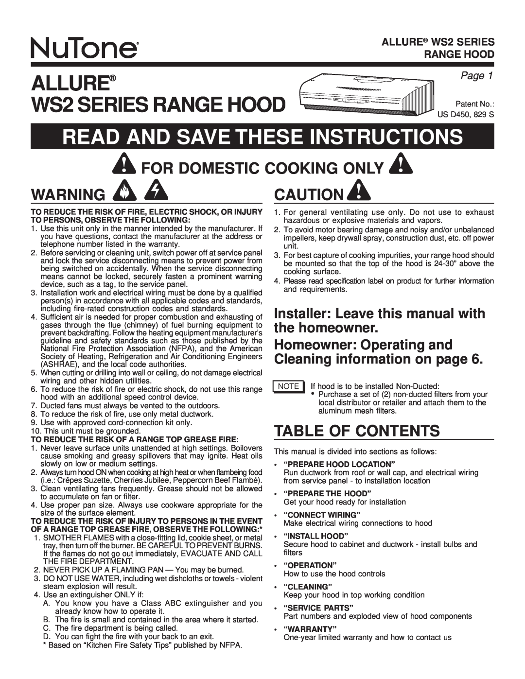 NuTone WS2 warranty Read And Save These Instructions, For Domestic Cooking Only, Table Of Contents, Page, Allure 