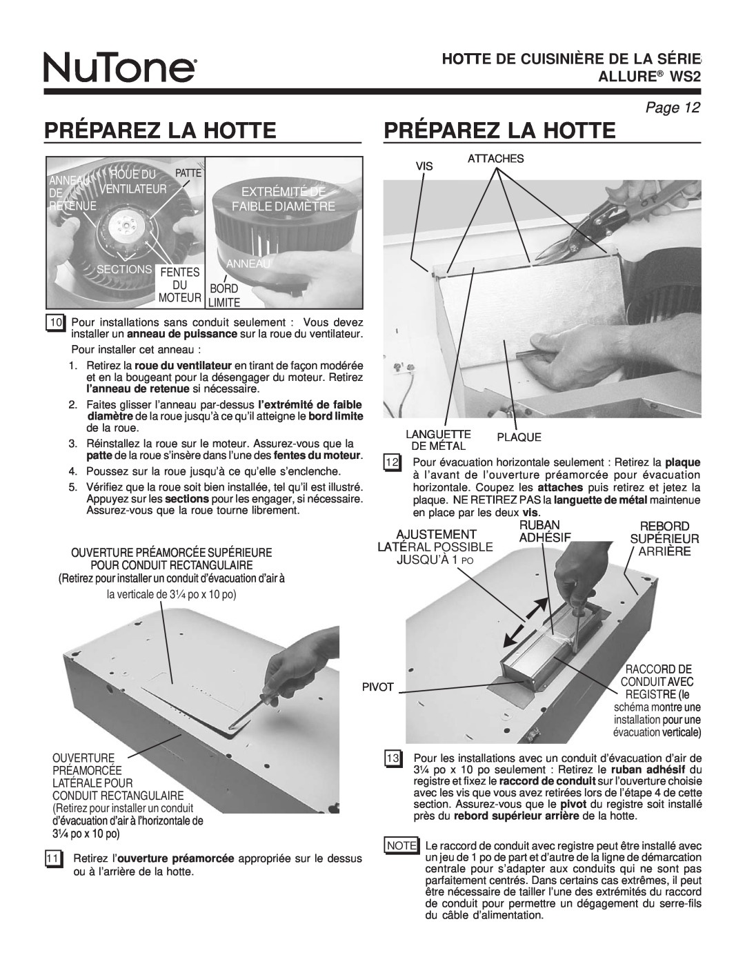 NuTone warranty Préparez La Hotte, Hotte De Cuisinière De La Série, ALLURE WS2, Page, Anneau, Roue Du Patte, Ventilateur 