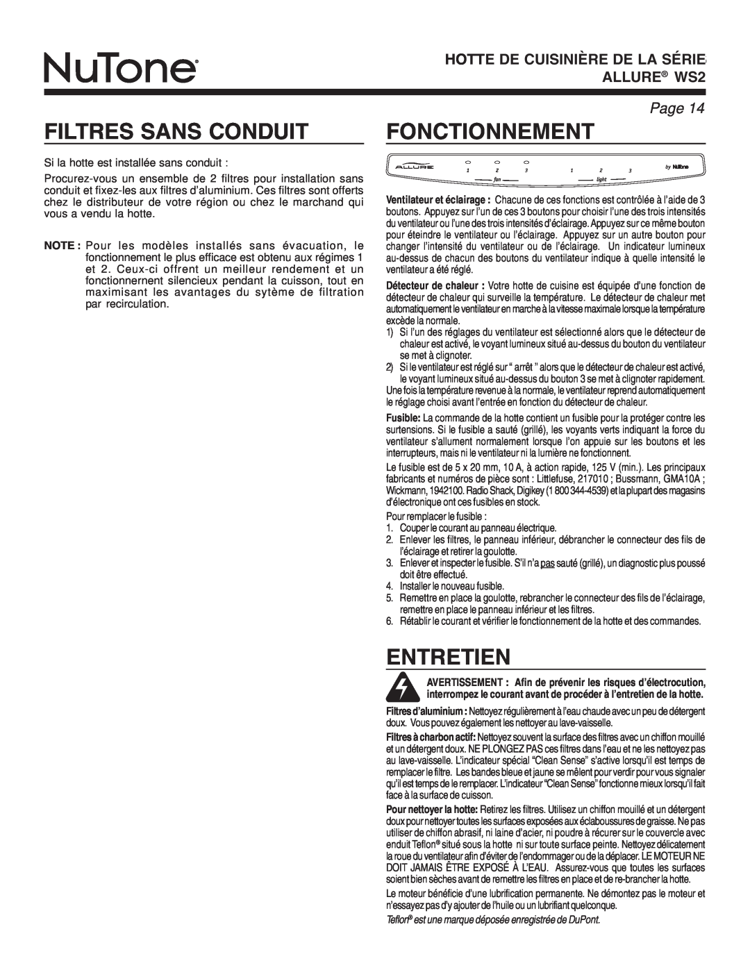 NuTone warranty Filtres Sans Conduit, Fonctionnement, Entretien, HOTTE DE CUISINIÈRE DE LA SÉRIE ALLURE WS2, Page 