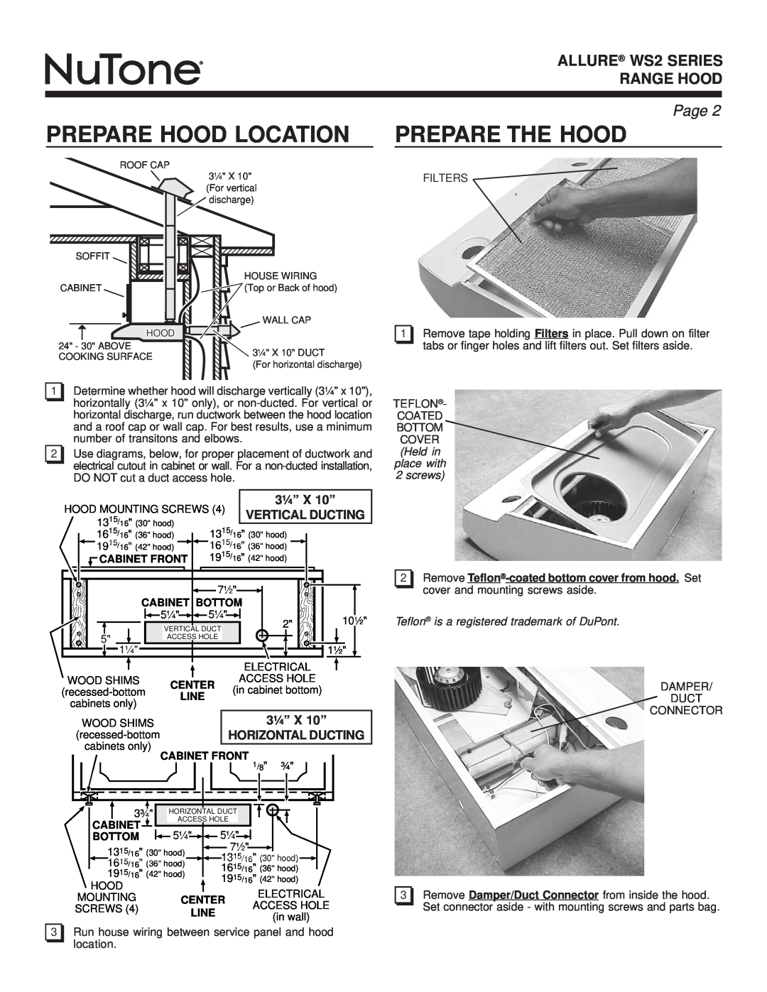 NuTone Prepare Hood Location, Prepare The Hood, ALLURE WS2 SERIES RANGE HOOD, Page, 3¼” X 10”, Vertical Ducting, Center 
