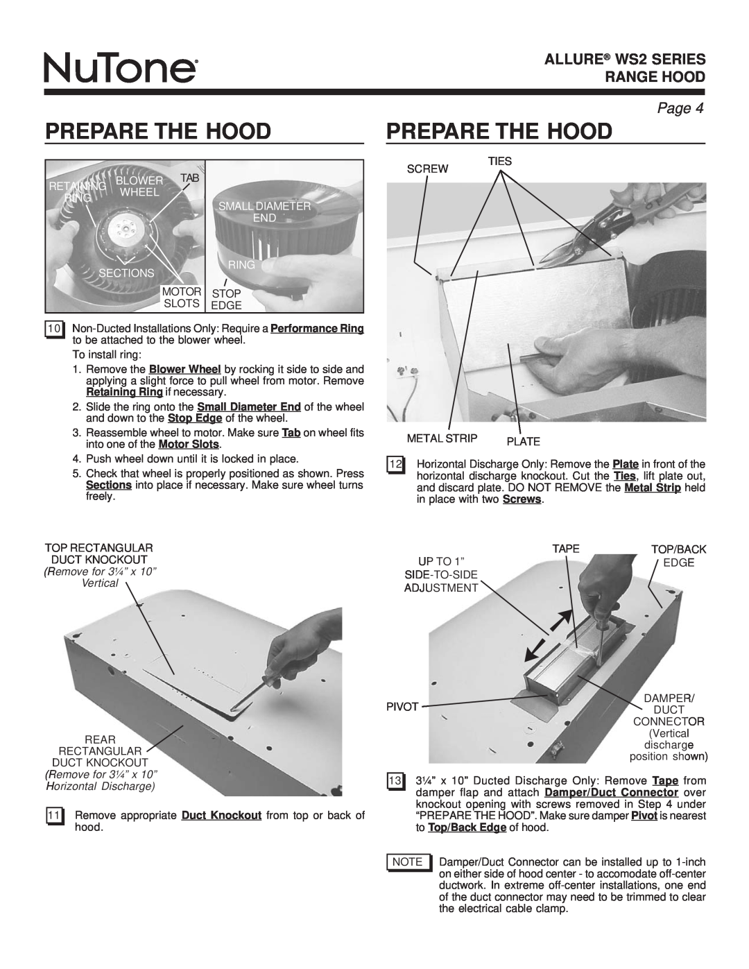 NuTone warranty Prepare The Hood, ALLURE WS2 SERIES RANGE HOOD, Page, Retaining Blower Tab Ring Wheel Sections 