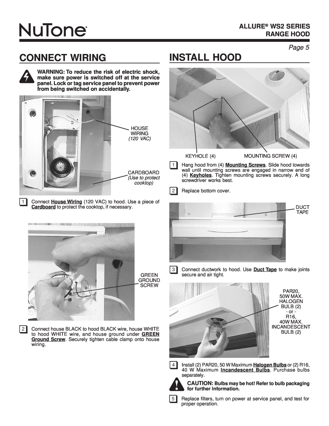 NuTone warranty Connect Wiring, Install Hood, ALLURE WS2 SERIES, Range Hood, Page, 120 VAC 