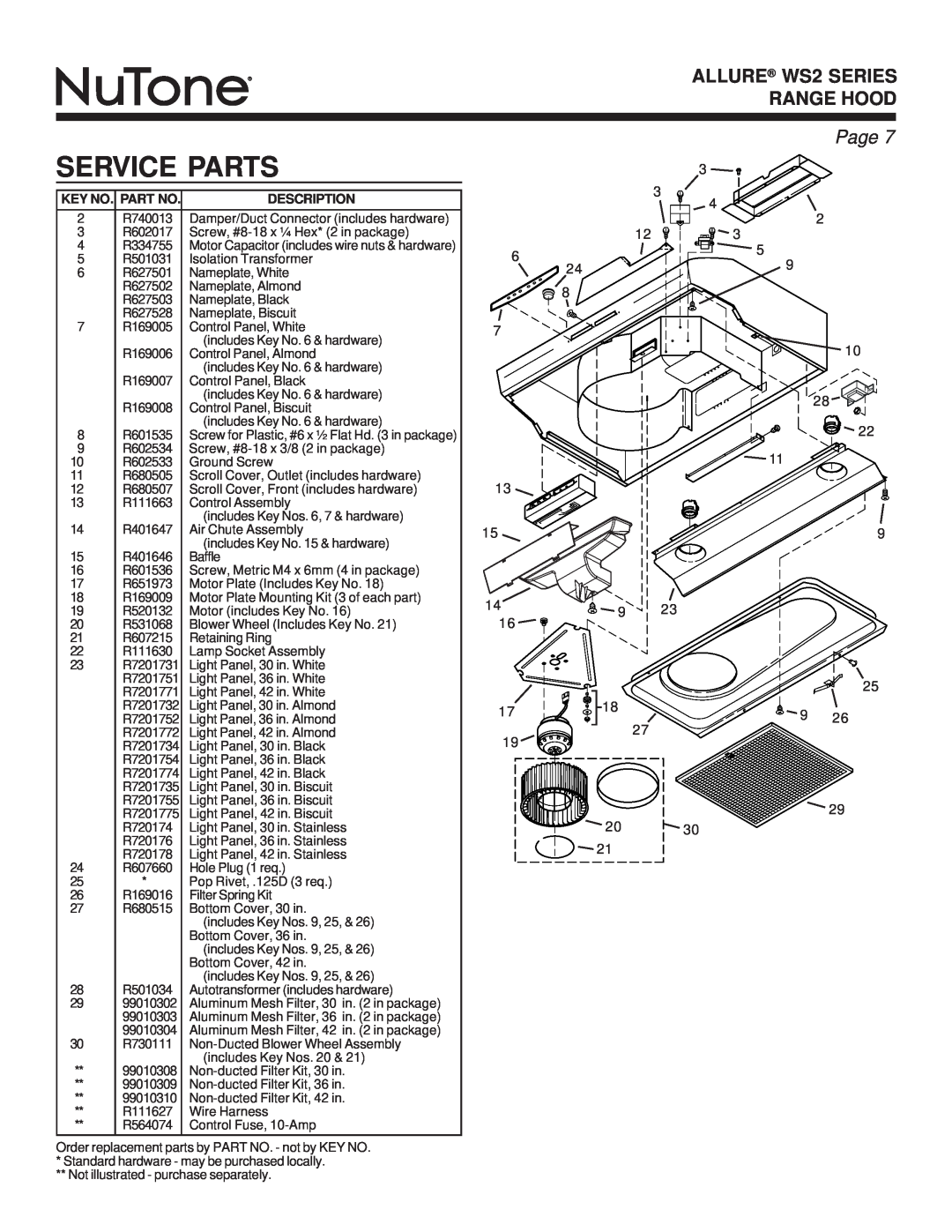 NuTone warranty Service Parts, ALLURE WS2 SERIES RANGE HOOD, Page, Key No. Part No, Description 