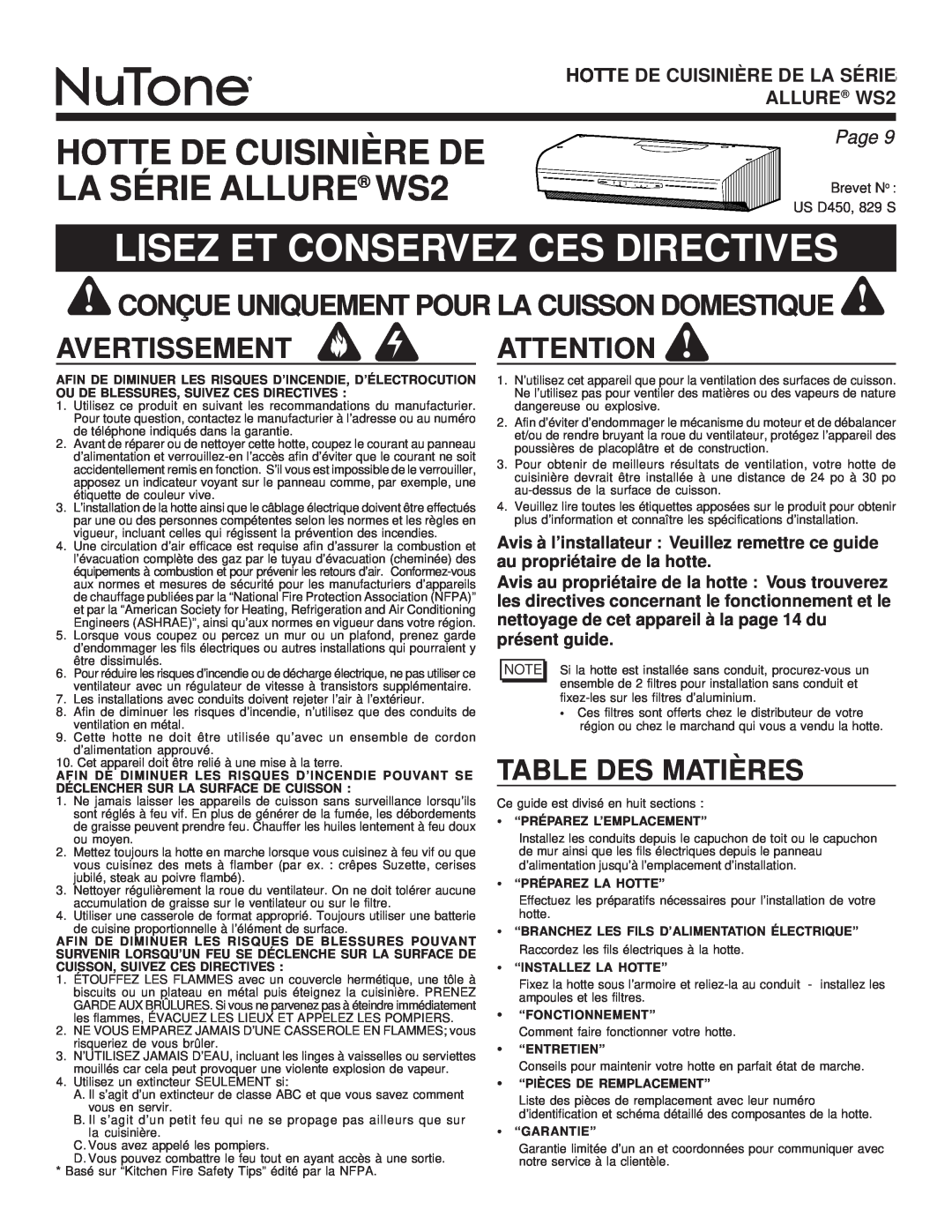 NuTone WS2 Lisez Et Conservez Ces Directives, Avertissement, Table Des Matières, Hotte De Cuisinière De La Série, Page 