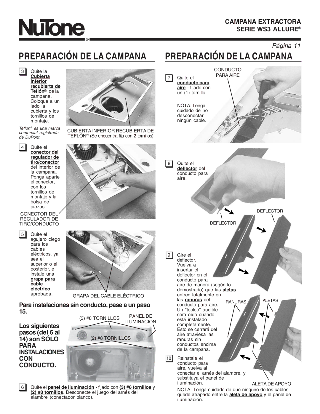 NuTone WS3 manual Preparación DE LA Campana, Cubierta inferior recubierta de Teflón de la, Conducto para, Deflector del 