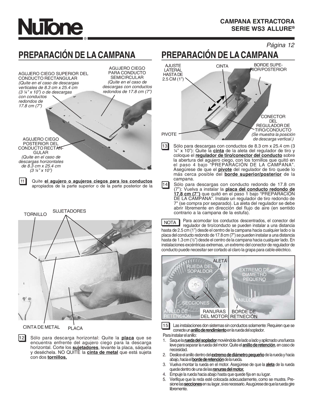 NuTone WS3 Coloque el regulador de tiro/conector del conducto sobre, Vuelva a instalar la placa del conducto redondo de 