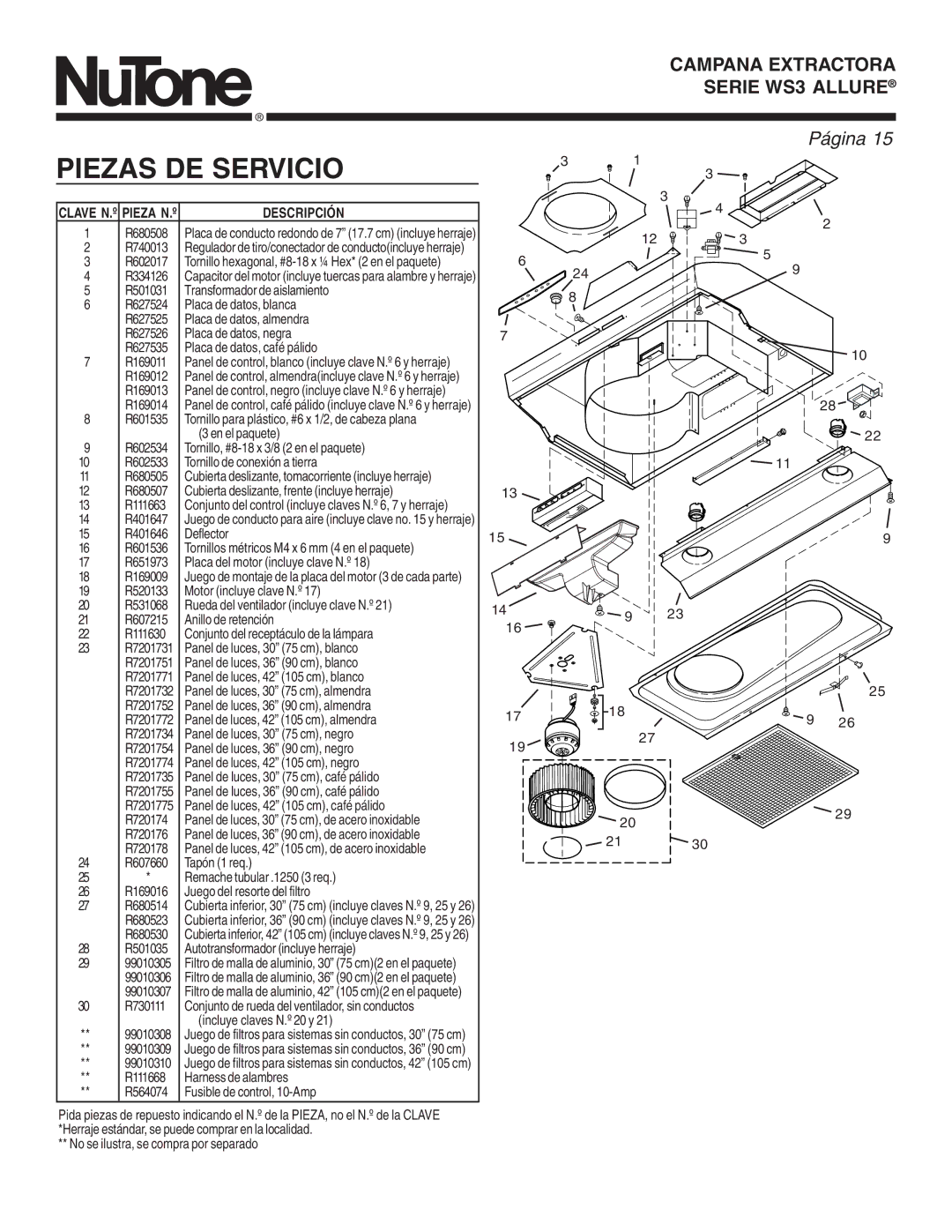 NuTone WS3 manual Piezas DE Servicio, Clave N.º Pieza N.º 