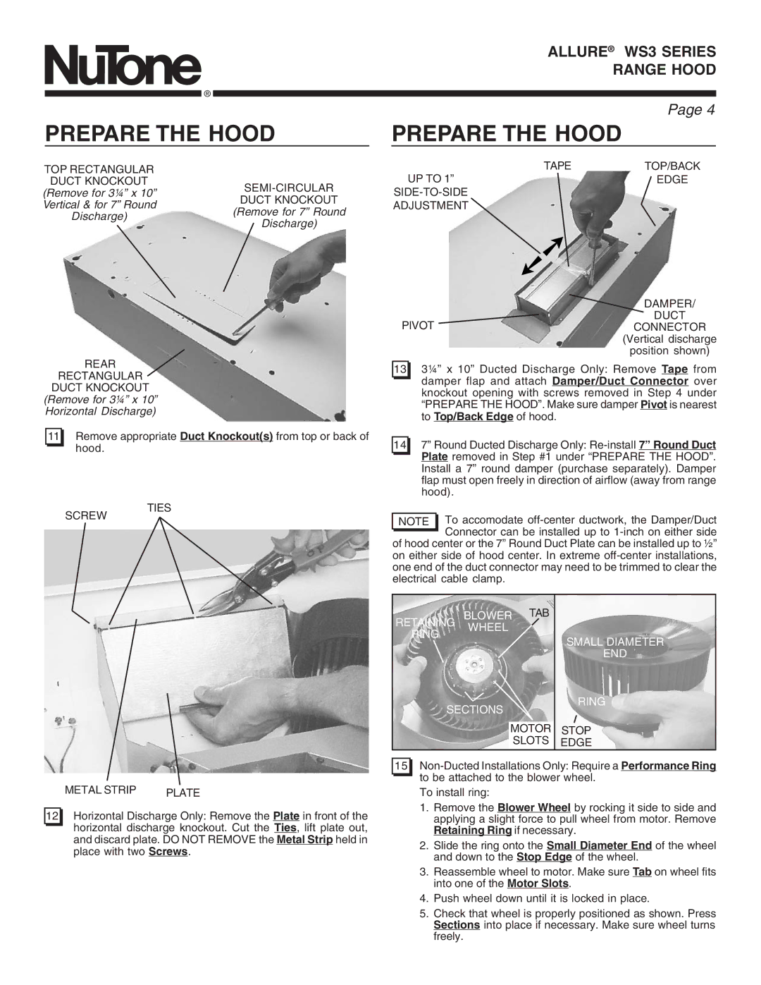 NuTone WS3 manual To Top/Back Edge of hood 