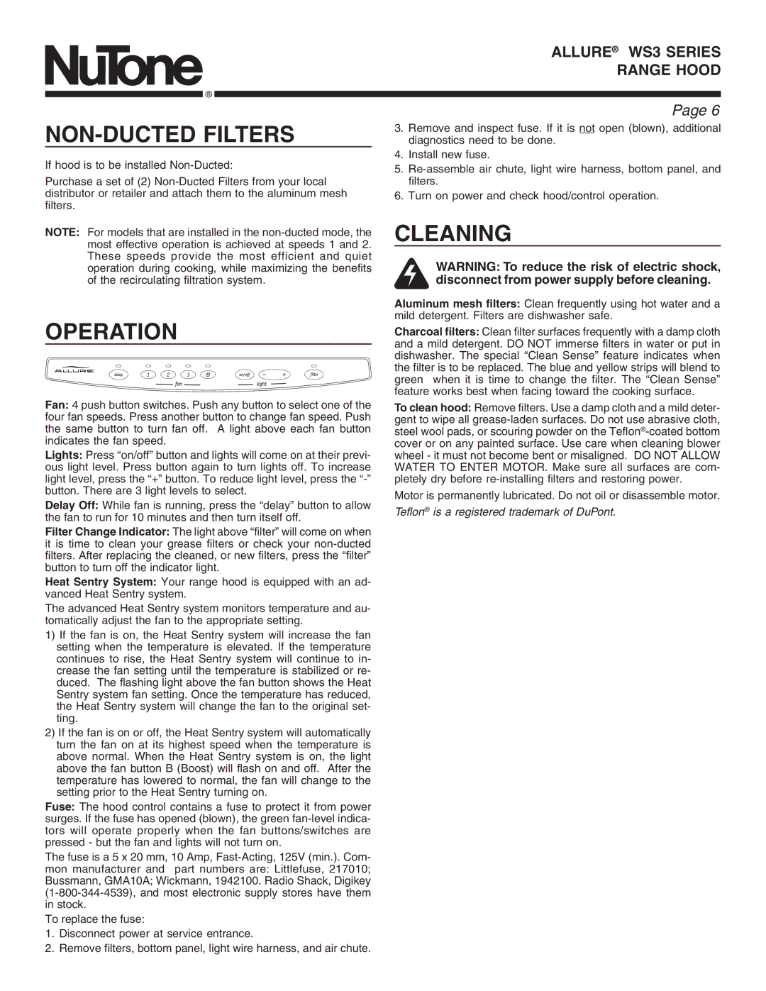 NuTone WS3 manual NON-DUCTED Filters, Cleaning, Operation 