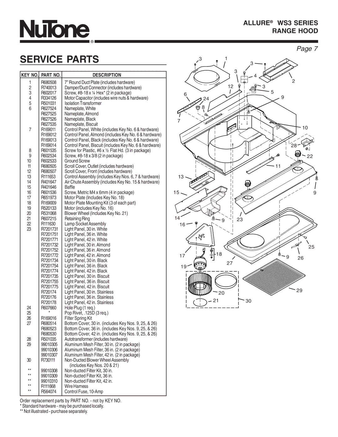 NuTone WS3 manual Service Parts, KEY NO. Part no 