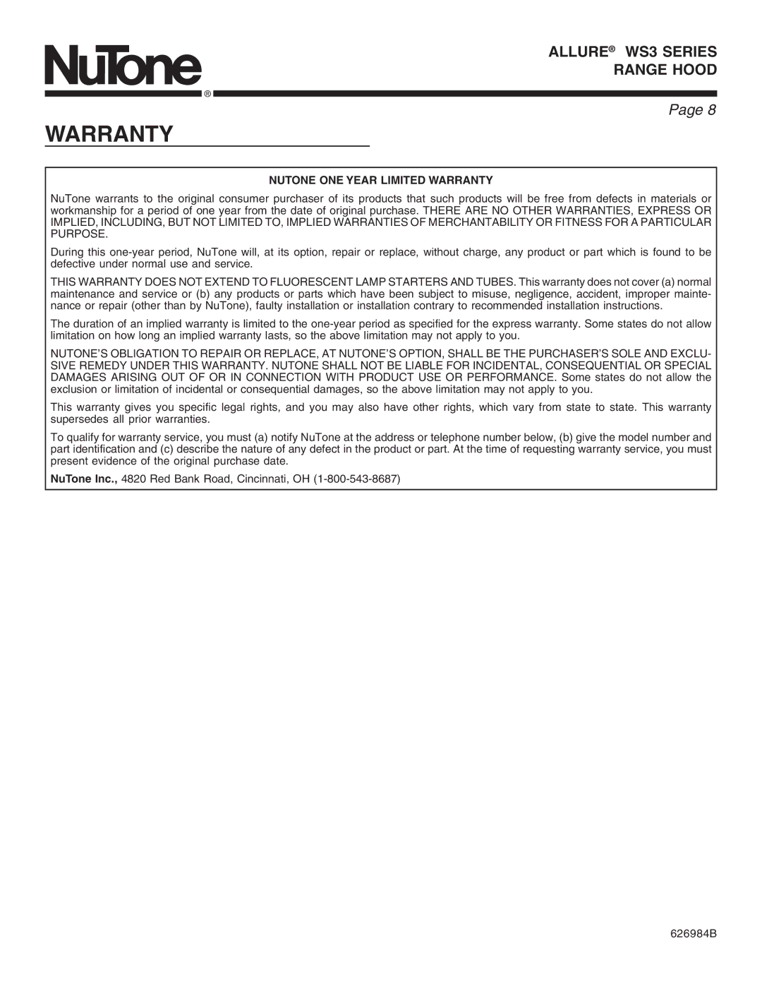 NuTone WS3 manual Nutone ONE Year Limited Warranty 