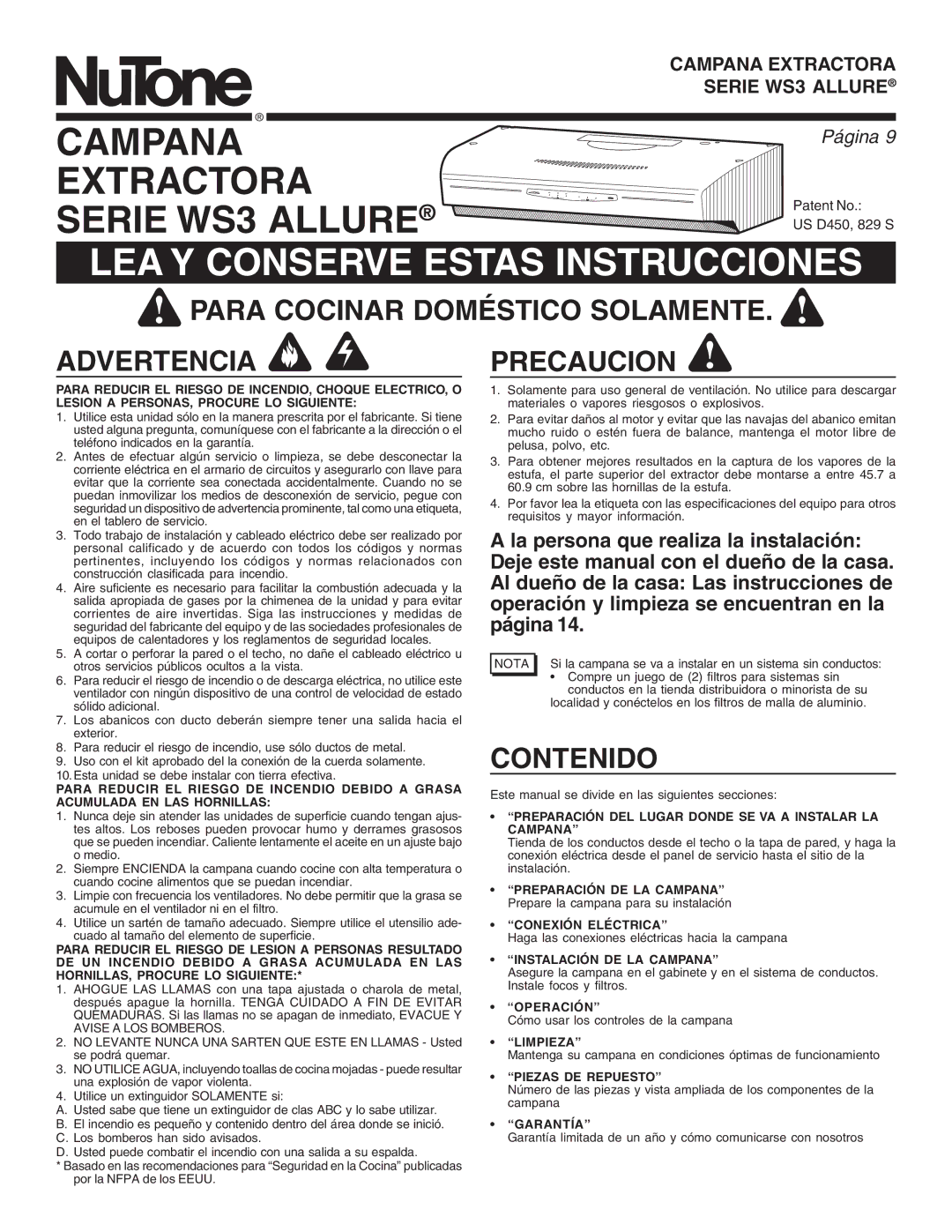 NuTone WS3 manual Para Cocinar Doméstico Solamente Advertencia Precaucion, Contenido 