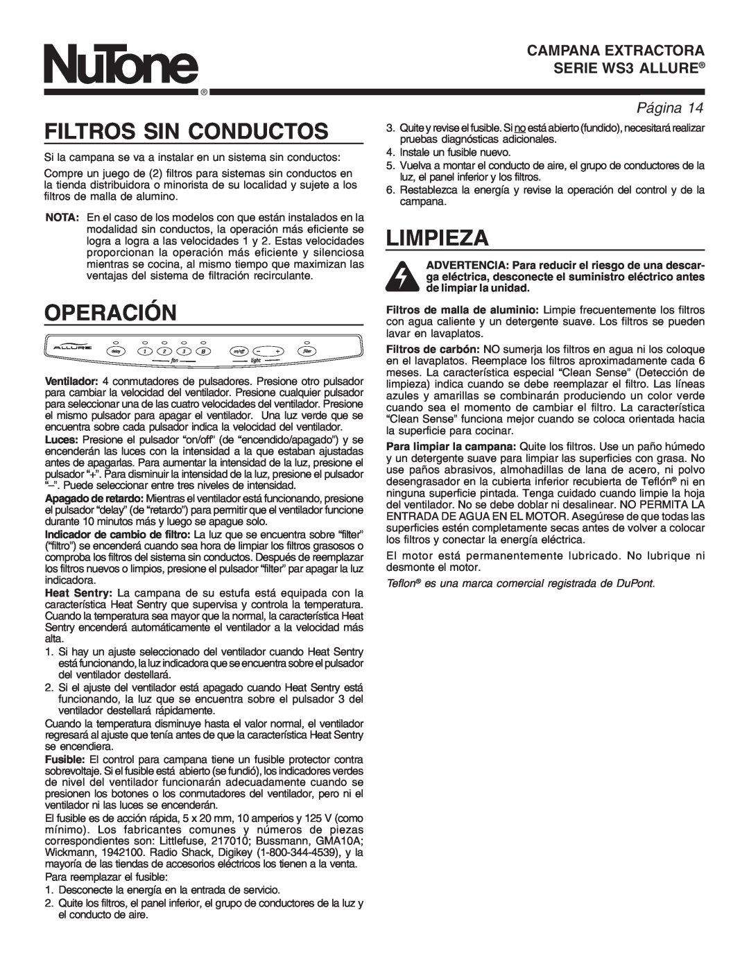 NuTone WS3 Filtros Sin Conductos, Operación, Limpieza, Teflon es una marca comercial registrada de DuPont, PáginaPage 
