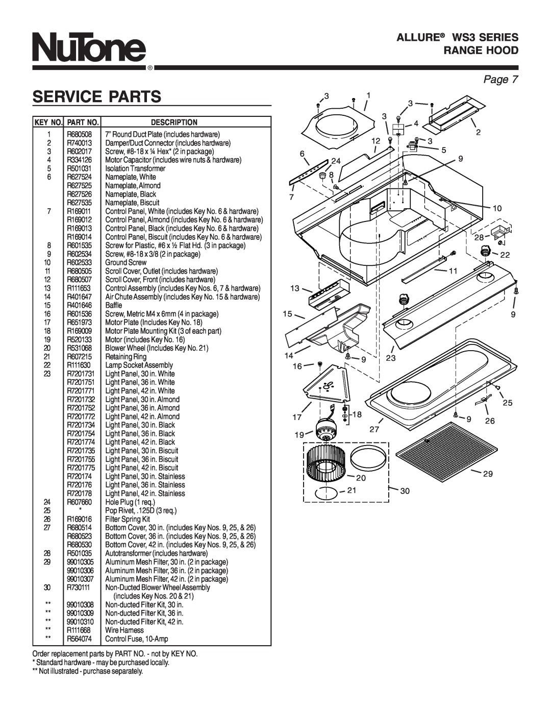 NuTone manual Service Parts, Key No. Part No, ALLURE WS3 SERIES RANGE HOOD, Page 
