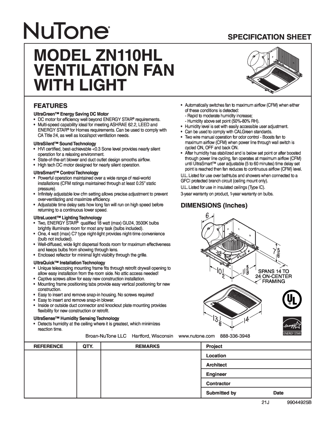 NuTone specifications Features, DIMENSIONS Inches, MODEL ZN110HL VENTILATION FAN WITH LIGHT, Specification Sheet 