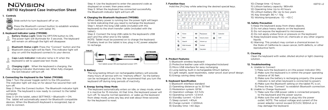 NuVision KBT10 instruction sheet Controls, Keyboard Indicator Lamp TM1088, Connecting the Keyboard to the Tablet TM1088 