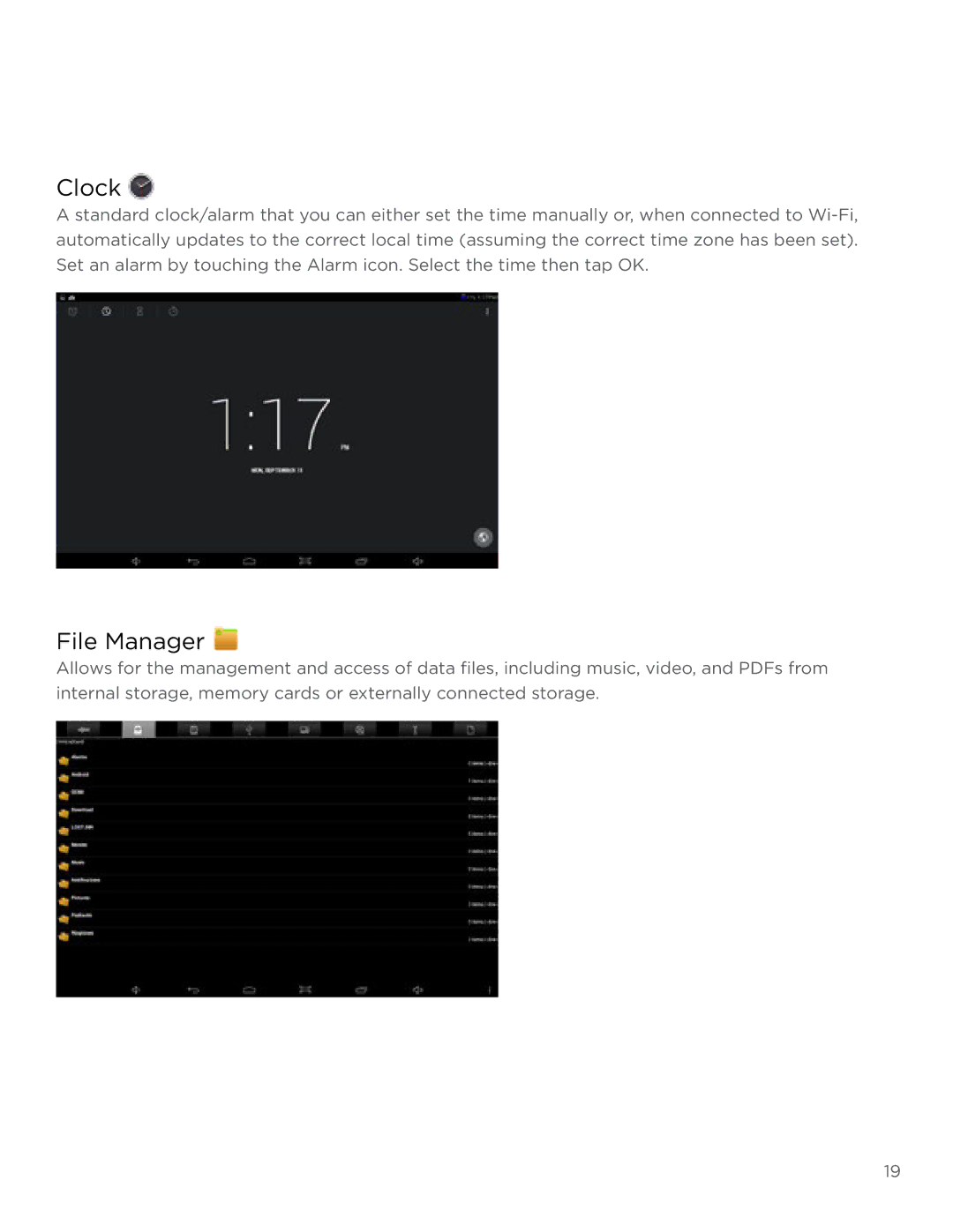 NuVision TM1088C user manual Clock, File Manager 