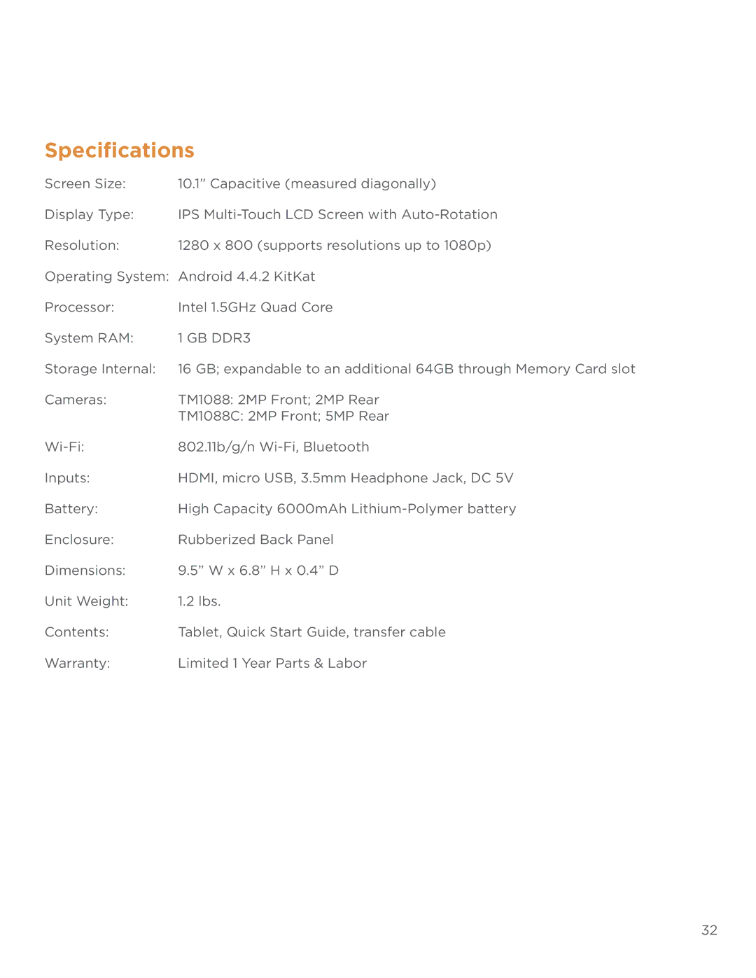 NuVision TM1088C user manual Specifications, GB DDR3 