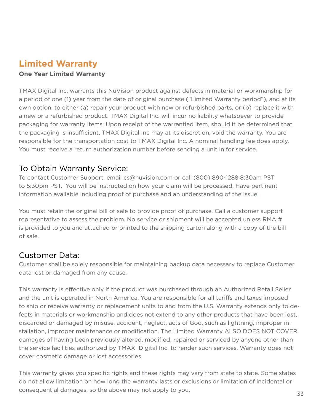 NuVision TM1088C user manual To Obtain Warranty Service, Customer Data, One Year Limited Warranty 