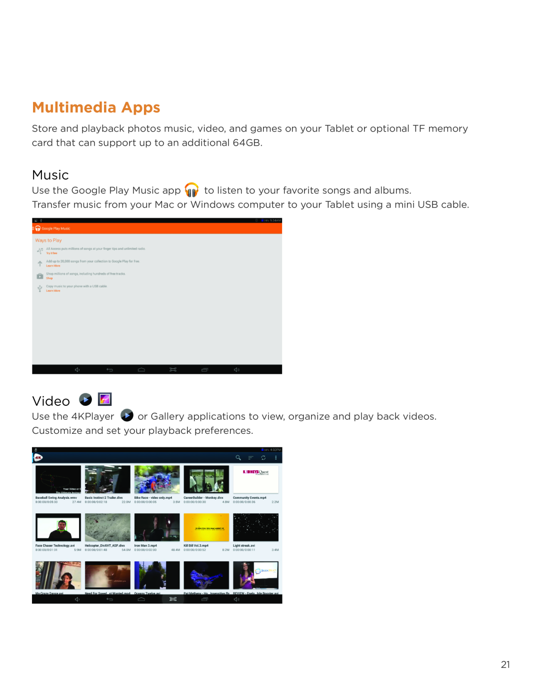 NuVision TM1218 user manual Multimedia Apps, Music, Video 