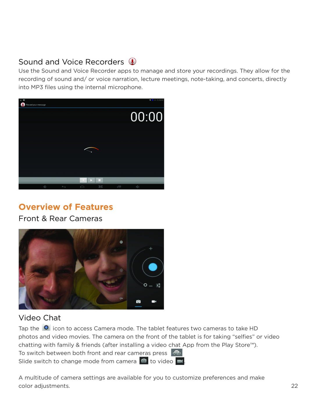 NuVision TM1218 user manual Overview of Features, Sound and Voice Recorders, Front & Rear Cameras Video Chat 