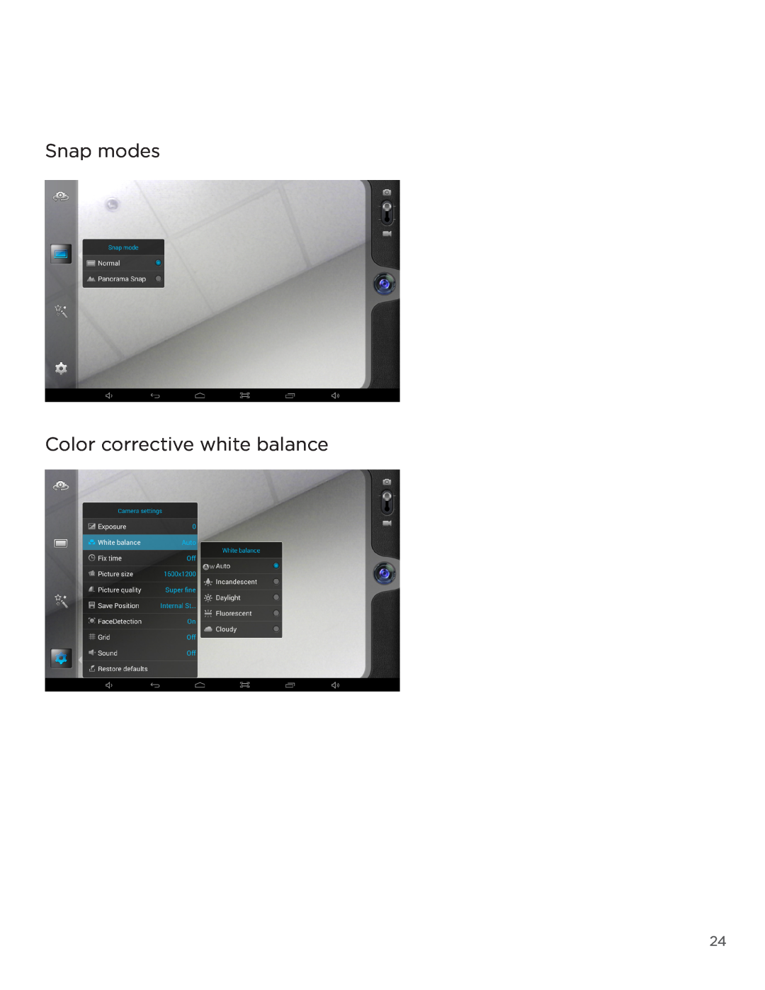 NuVision TM1218 user manual Snap modes Color corrective white balance 