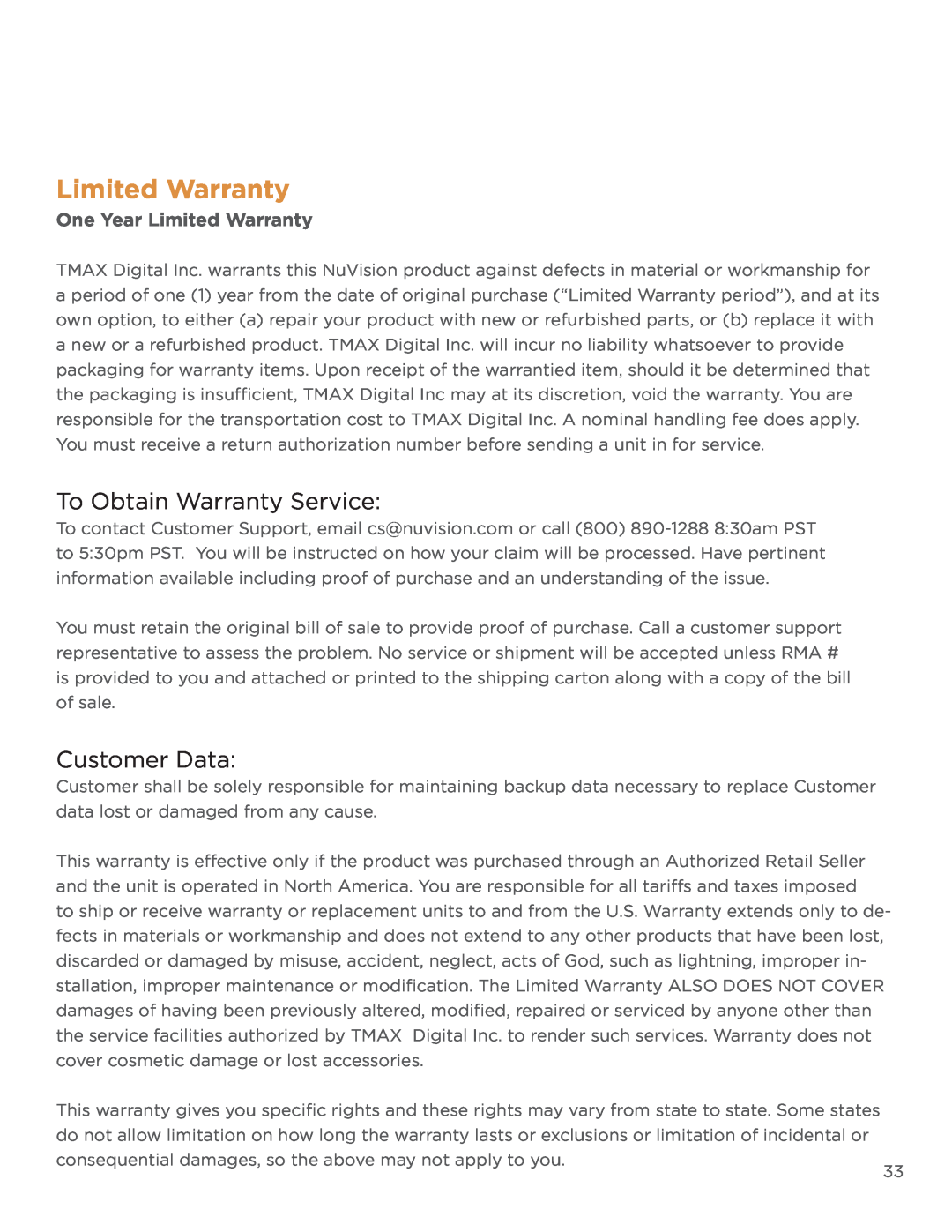 NuVision TM1218 user manual Limited Warranty, To Obtain Warranty Service, Customer Data 