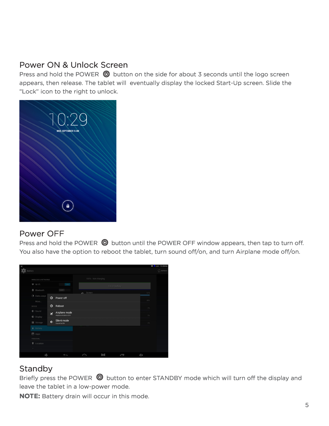 NuVision TM1218 user manual Power ON & Unlock Screen, Power OFF, Standby 