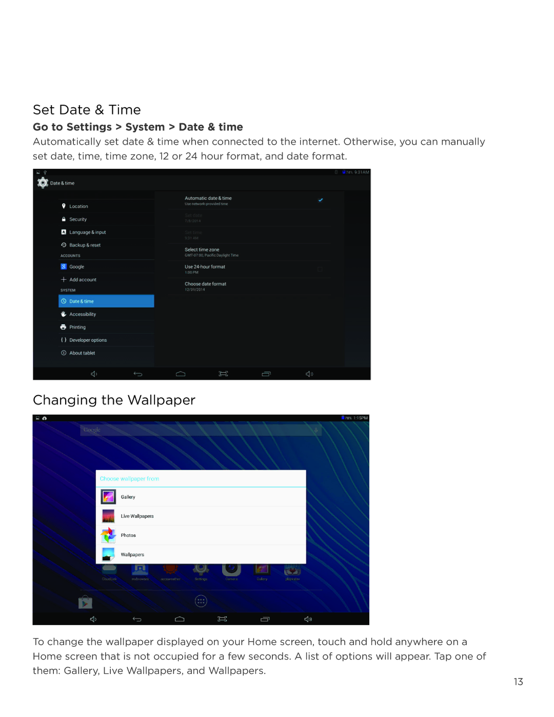 NuVision TM1218 user manual Set Date & Time, Changing the Wallpaper, Go to Settings System Date & time 