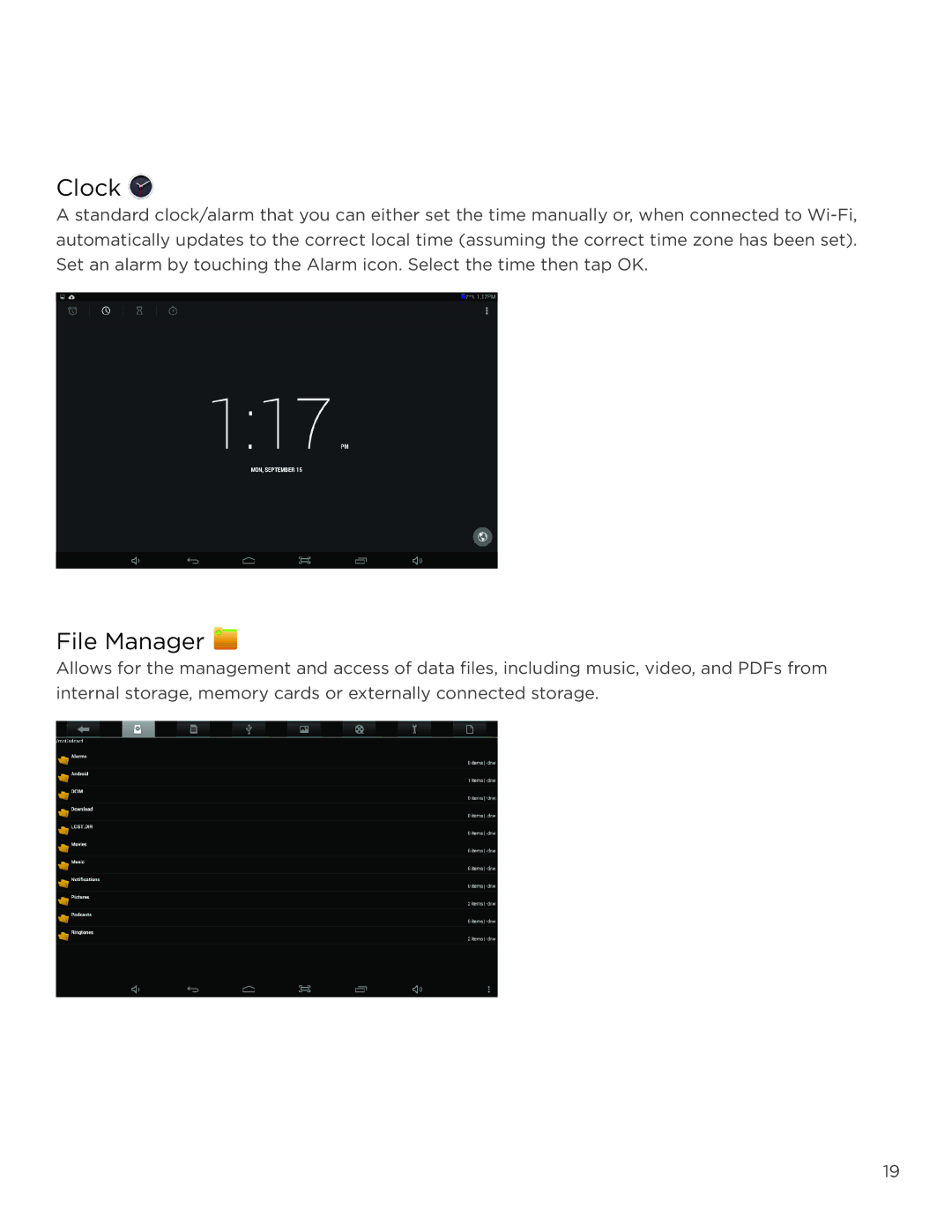 NuVision TM1218 user manual Clock, File Manager 