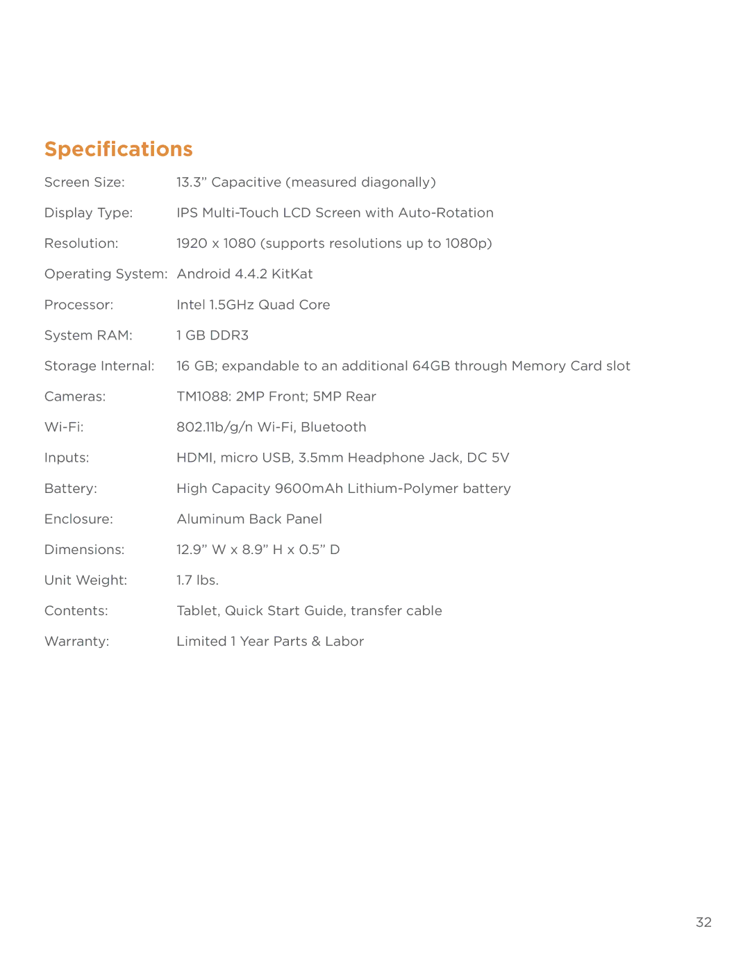 NuVision TM1218 user manual Specifications, GB DDR3 