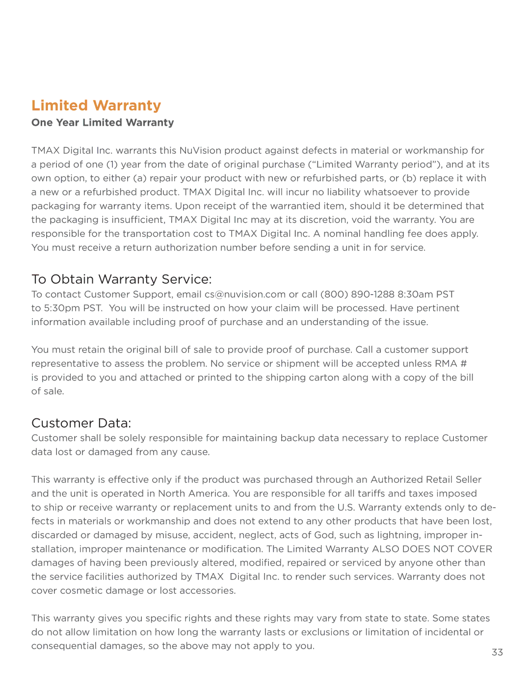 NuVision TM1218 user manual To Obtain Warranty Service, Customer Data, One Year Limited Warranty 