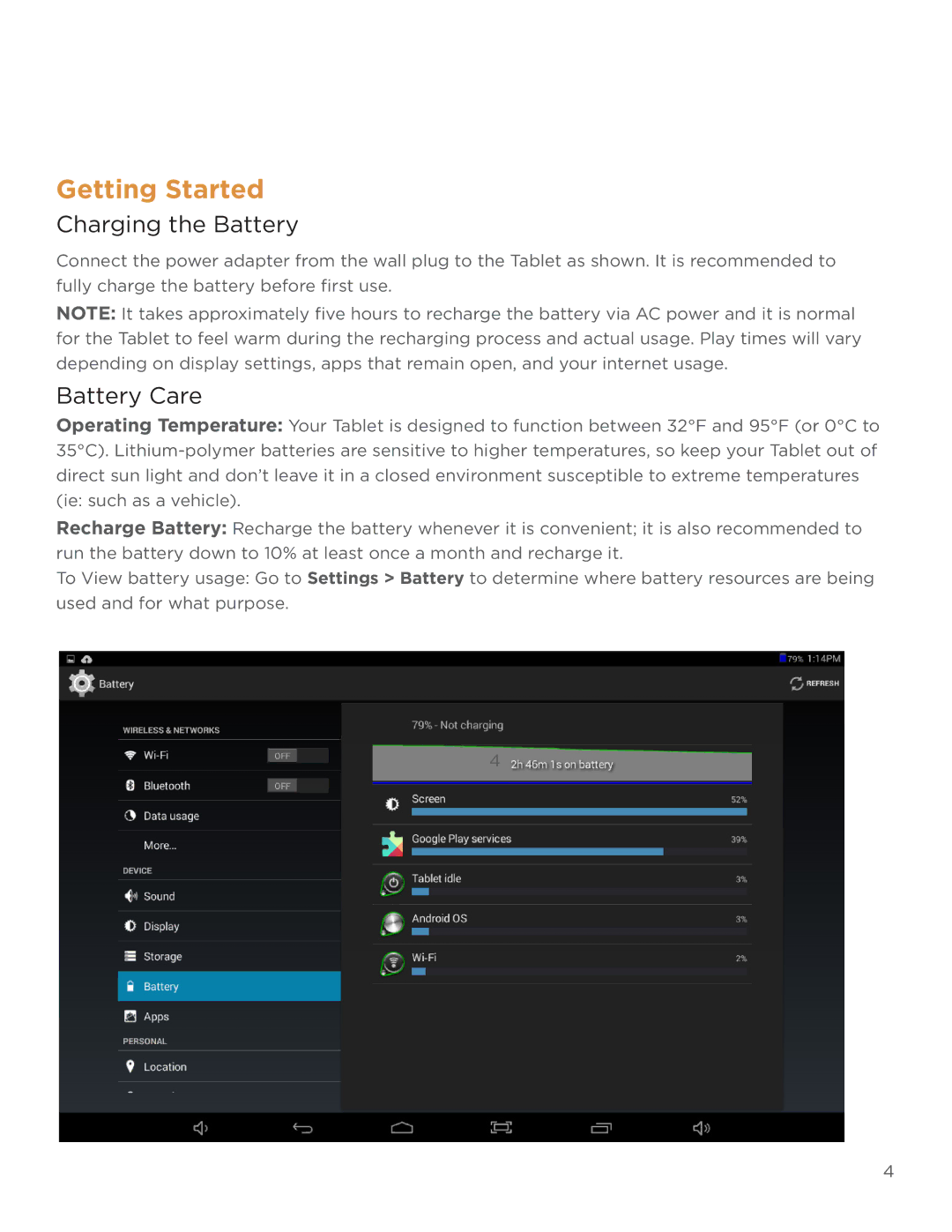 NuVision TM1218 user manual Getting Started, Charging the Battery, Battery Care 